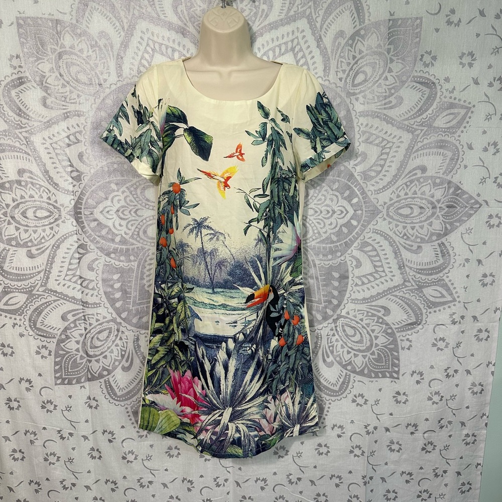 Nwt $32 H&M Parrot Toucan Long Tunic Shirt Mini Shift Dress Cream Tropical 8